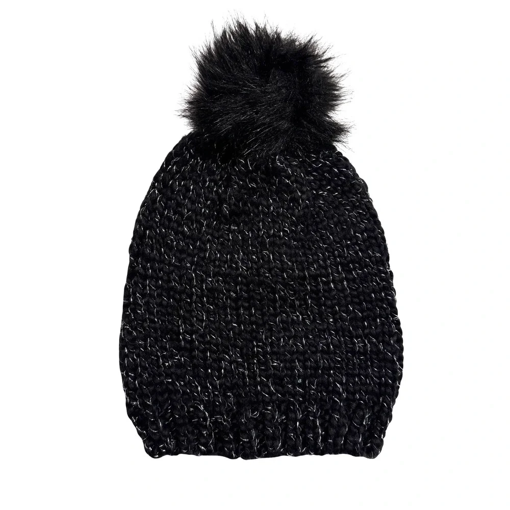 Chunky Black Knit Beanie Hat Womens One Sz Faux Fur Pom Pom Winter Warm Gorpcore